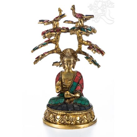 Áldó Buddha bódhi fa alatt réz szobor, kővel berakott - 18 cm 