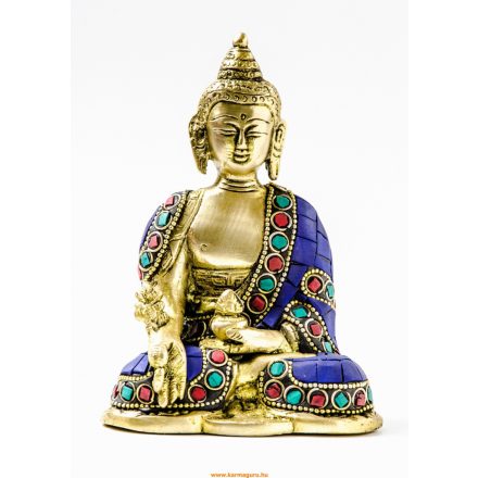 Gyógyító Buddha réz szobor, kővel berakott - 14cm