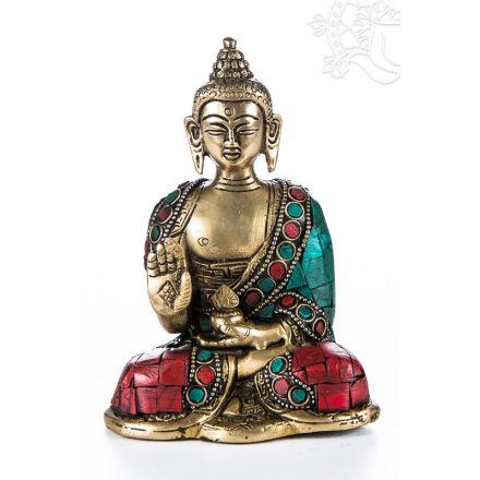 Áldó Buddha réz szobor, kővel berakott - 16 cm