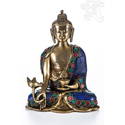 Gyógyító Buddha réz szobor, kővel berakott - 16 cm