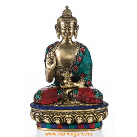 Áldó Buddha réz szobor, kővel berakott - 21cm