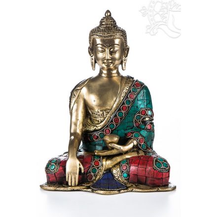 Shakyamuni Buddha réz szobor, kővel berakott - 20 cm