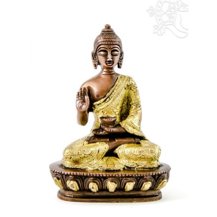 Áldó Buddha réz szobor, arany-bronz - 14cm