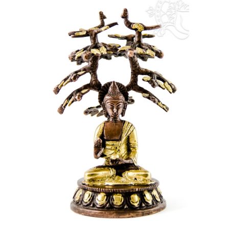 Áldó Buddha bódhi fa alatt réz szobor, arany-bronz - 18 cm 