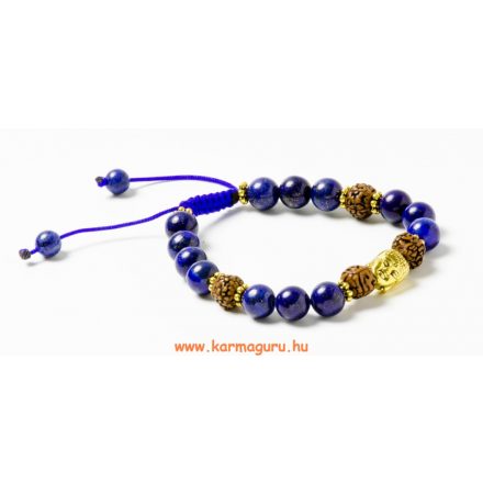 Lápisz lazuli, rudraksha, réz Buddha fej, állítható karkötő, csuklómala